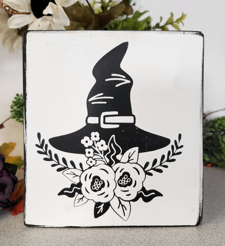 Witch's Hat with Flowers | Freestanding Solid Pine Halloween Sign