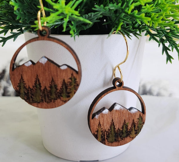 Laser cut Hand painted Snow-covered mountain Earrings